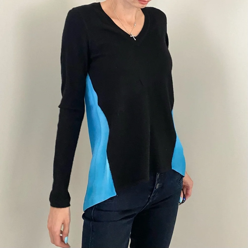 Elie Tahari 100% Cashmere 100% Silk Knit Color Block V-Neck Pullover Sweater, S - Picture 2 of 11